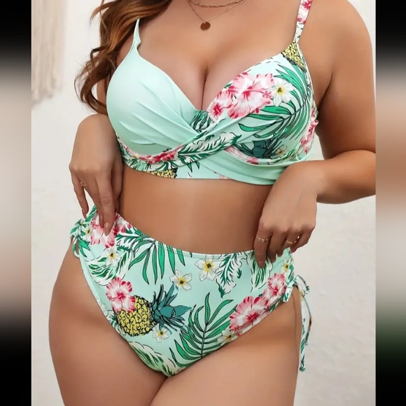 New Tropical Bikini Set - Sexy Cross Front Bra & High Waisted Lace up Panty 1X - Picture 2 of 4